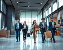 Employees leaving a modern office building with boxes, representing the talent exodus at SpaceXAI.