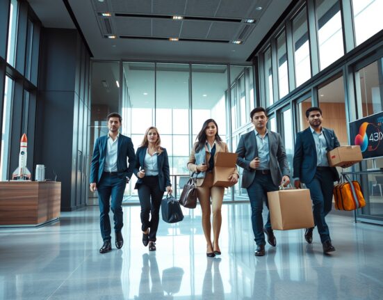 Employees leaving a modern office building with boxes, representing the talent exodus at SpaceXAI.