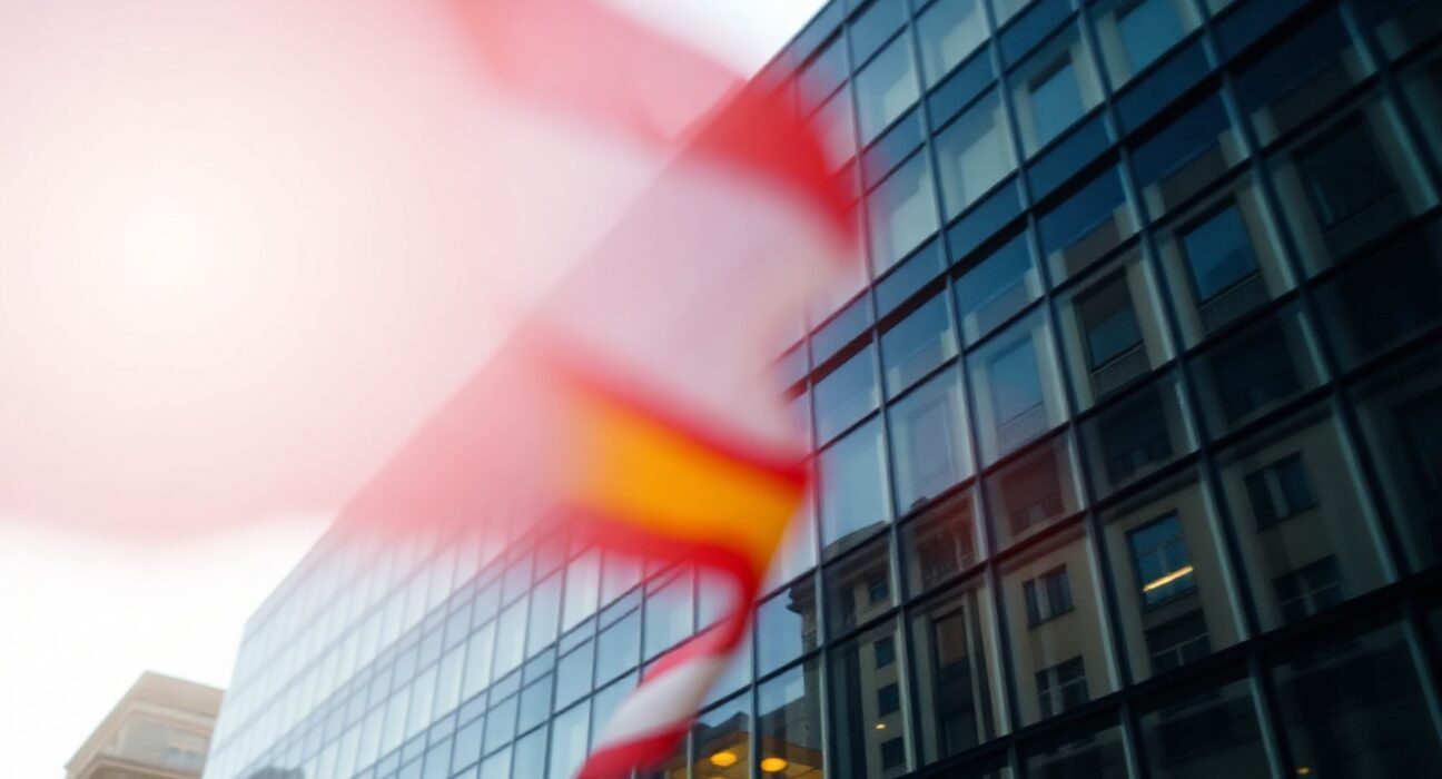 Spanish flag in front of a modern financial building in Madrid, representing the country's bond market.