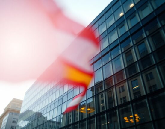 Spanish flag in front of a modern financial building in Madrid, representing the country's bond market.