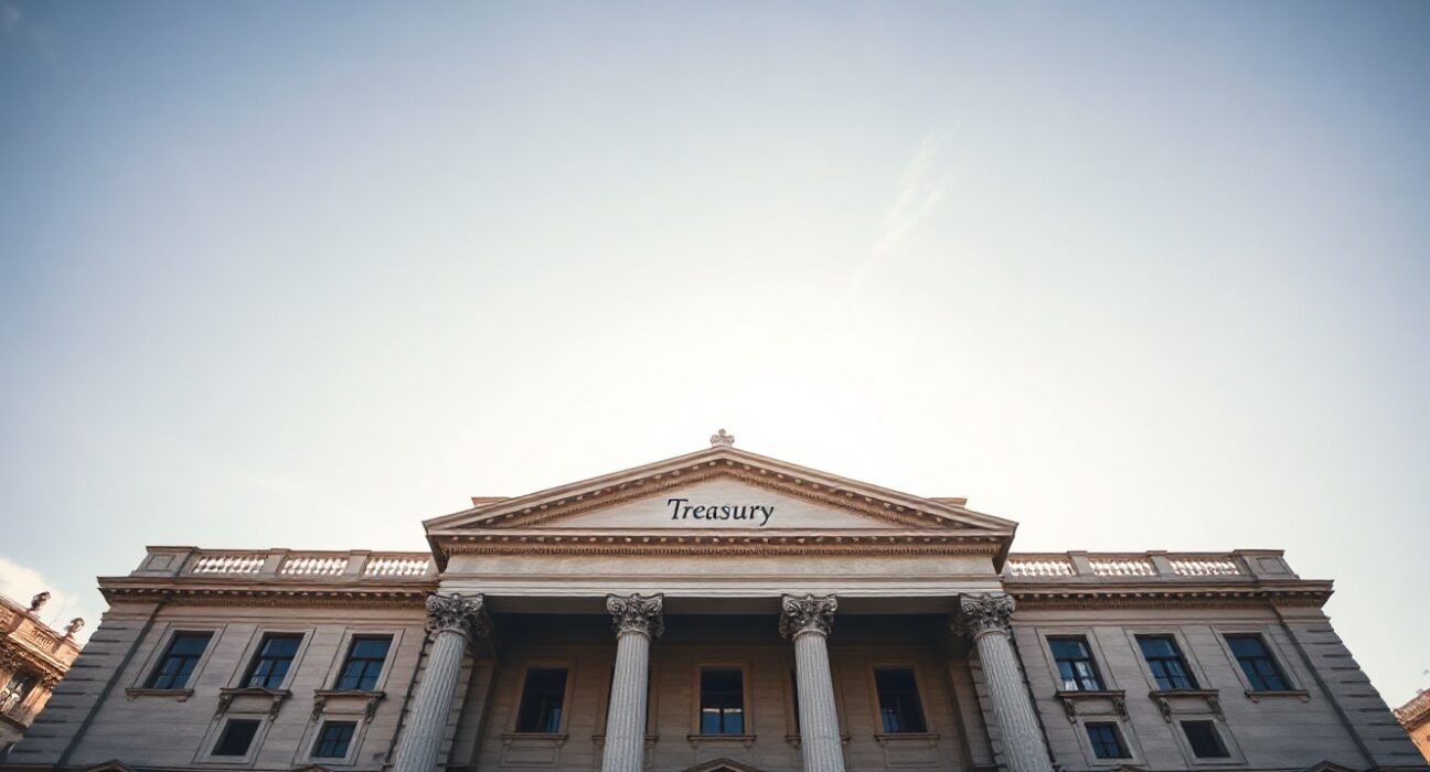 Spanish Treasury building in Madrid on a sunny morning, representing government debt auctions.