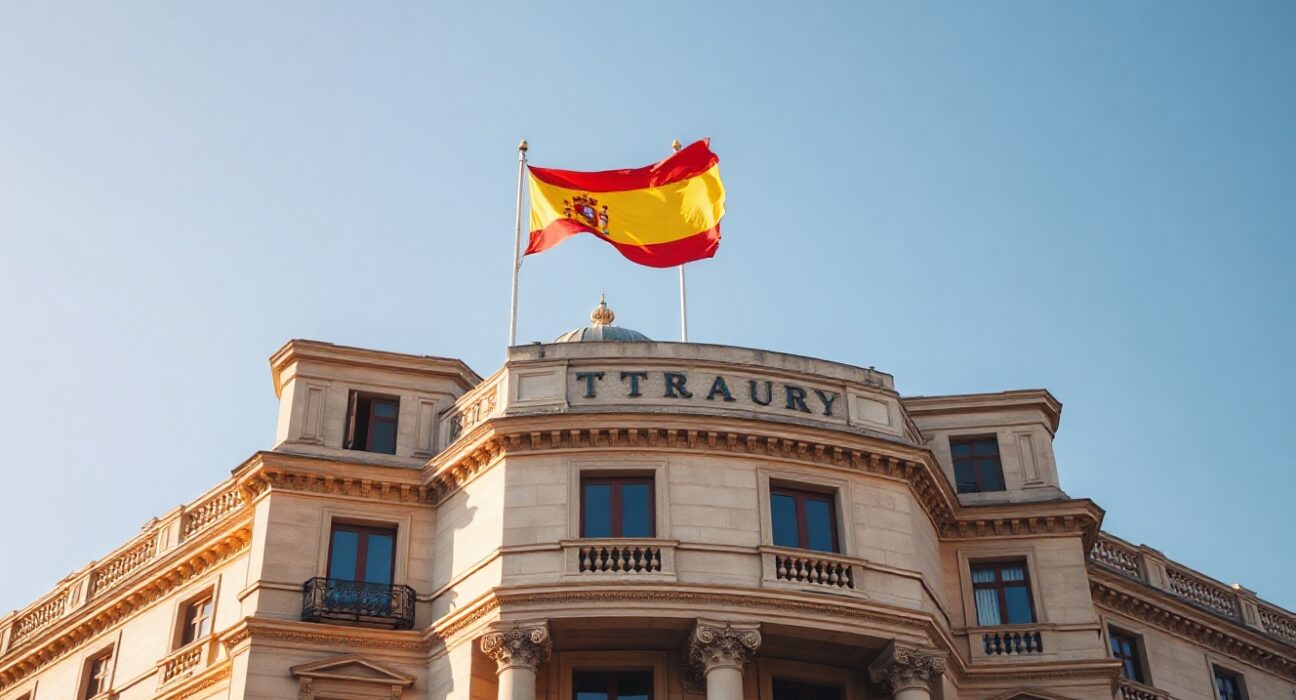 Spanish Treasury building in Madrid with flag, representing the government's debt auction.