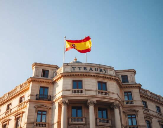 Spanish Treasury building in Madrid with flag, representing the government's debt auction.
