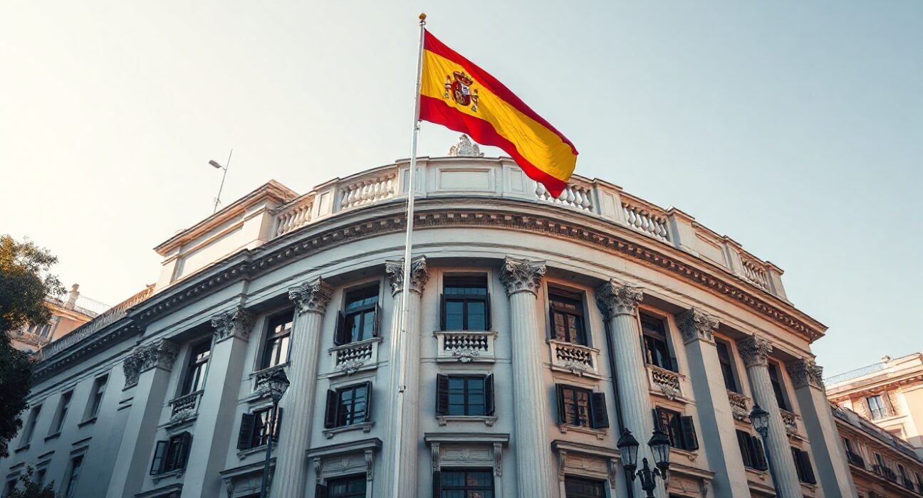 Spanish Treasury building in Madrid on a clear day, symbolizing government debt auctions.