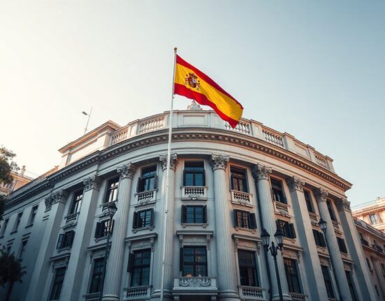 Spanish Treasury building in Madrid on a clear day, symbolizing government debt auctions.