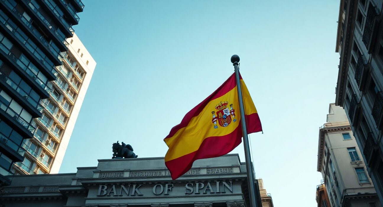 Spanish flag in front of Bank of Spain building in Madrid