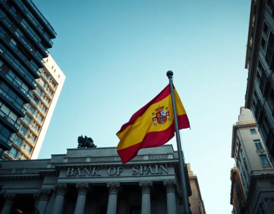 Spanish flag in front of Bank of Spain building in Madrid