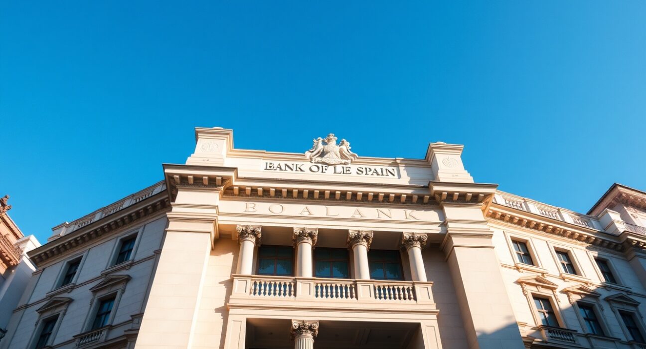 Bank of Spain building in Madrid on a sunny day, representing Spanish sovereign debt markets.