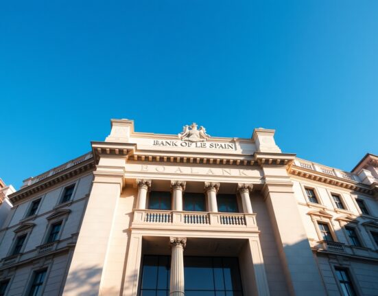 Bank of Spain building in Madrid on a sunny day, representing Spanish sovereign debt markets.