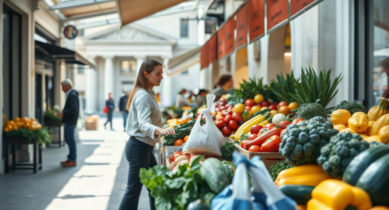Shoppers at a Spanish market with price tags, illustrating inflation data.