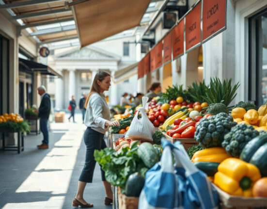 Shoppers at a Spanish market with price tags, illustrating inflation data.