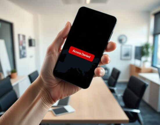 Smartphone displaying a blocked access message in Spain, representing the government's ban on Polymarket and Kalshi.