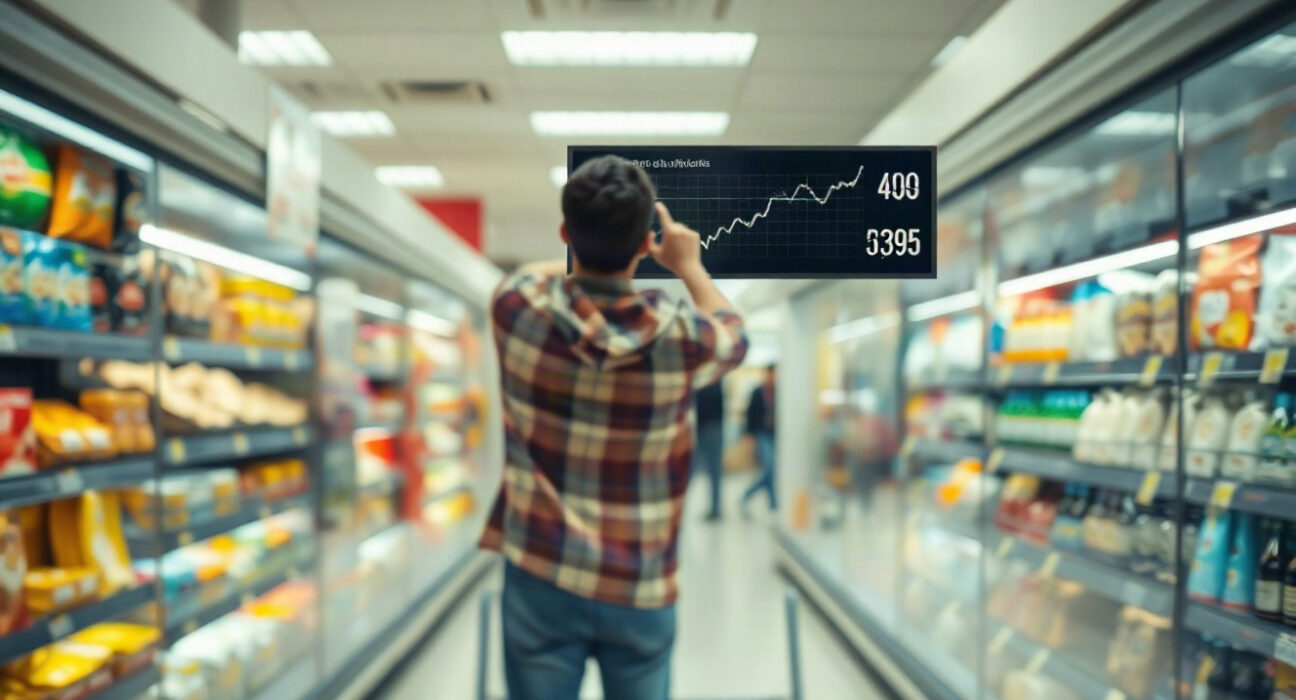 Shopper in a Spanish supermarket looking at price tags, illustrating the latest CPI increase.