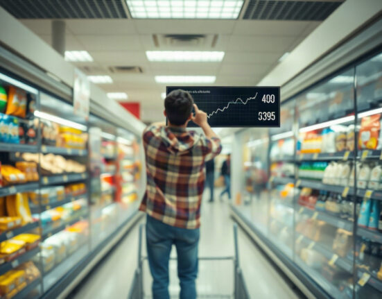 Shopper in a Spanish supermarket looking at price tags, illustrating the latest CPI increase.