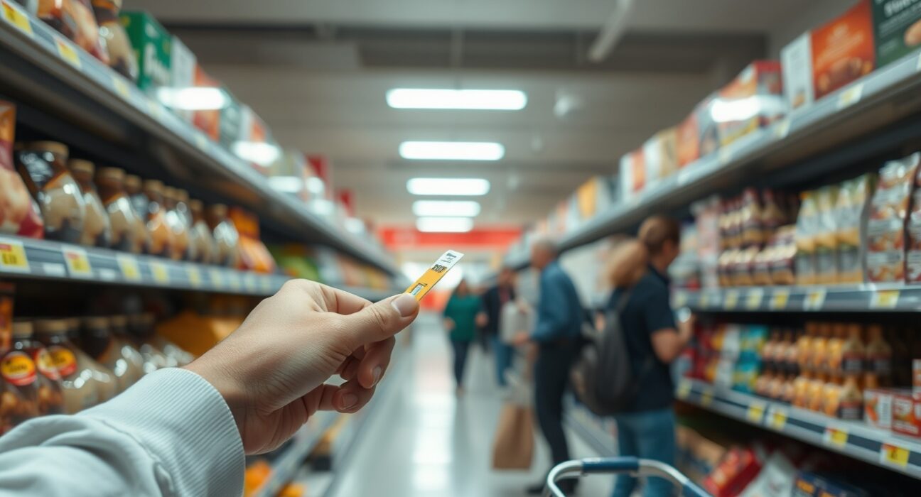 Shopper looking at price tags in a Spanish supermarket, representing rising consumer prices.