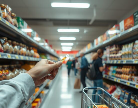 Shopper looking at price tags in a Spanish supermarket, representing rising consumer prices.