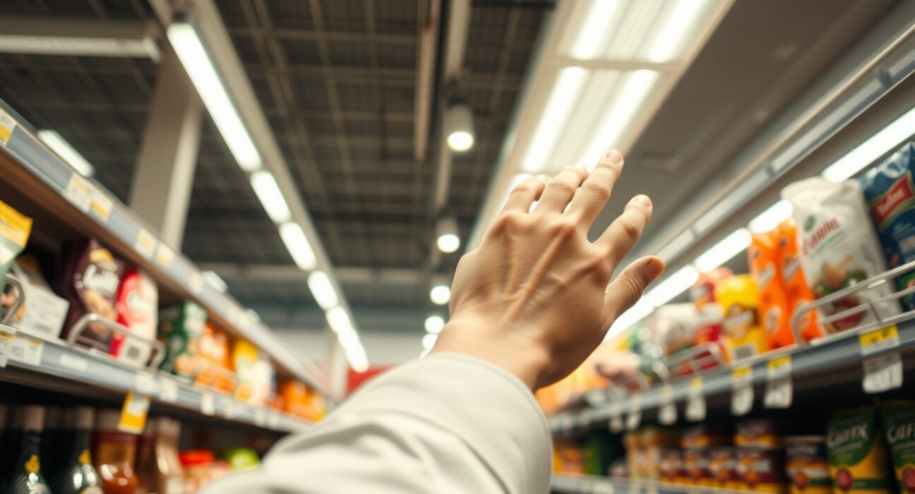 Shopper looking at price tags in a Spanish supermarket, representing inflation and consumer prices.