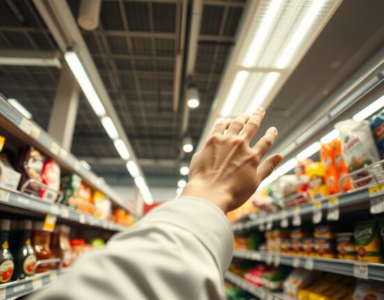 Shopper looking at price tags in a Spanish supermarket, representing inflation and consumer prices.
