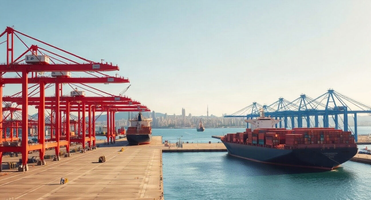 Port of Barcelona with cargo ships and cranes under clear skies, representing Spain's trade activity.