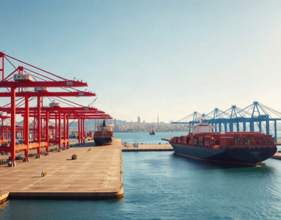 Port of Barcelona with cargo ships and cranes under clear skies, representing Spain's trade activity.