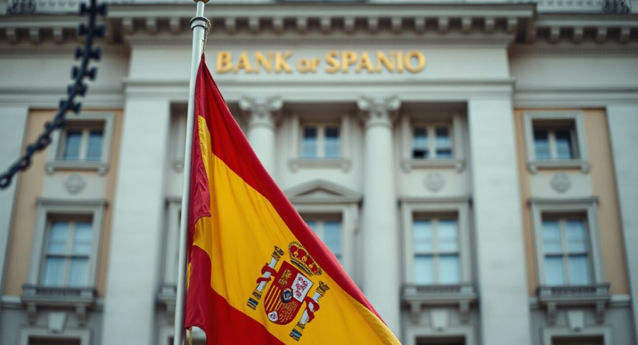 Spanish flag in front of the Bank of Spain building in Madrid, representing the country's current account data release.