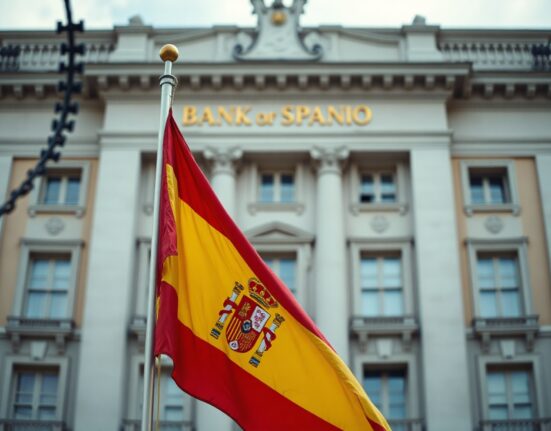 Spanish flag in front of the Bank of Spain building in Madrid, representing the country's current account data release.