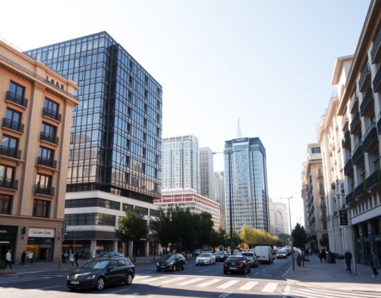 Modern office buildings in Madrid's financial district on a sunny day, representing Spain's economic growth.