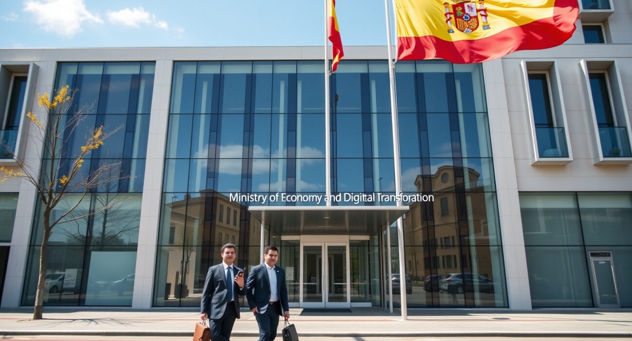 Exterior of the Spanish Ministry of Economy building in Madrid on a sunny day