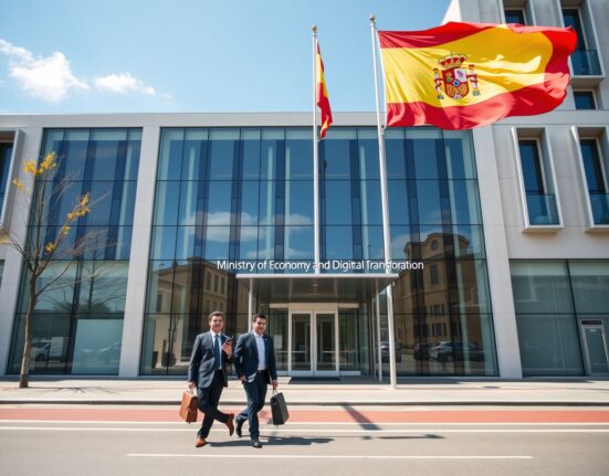 Exterior of the Spanish Ministry of Economy building in Madrid on a sunny day