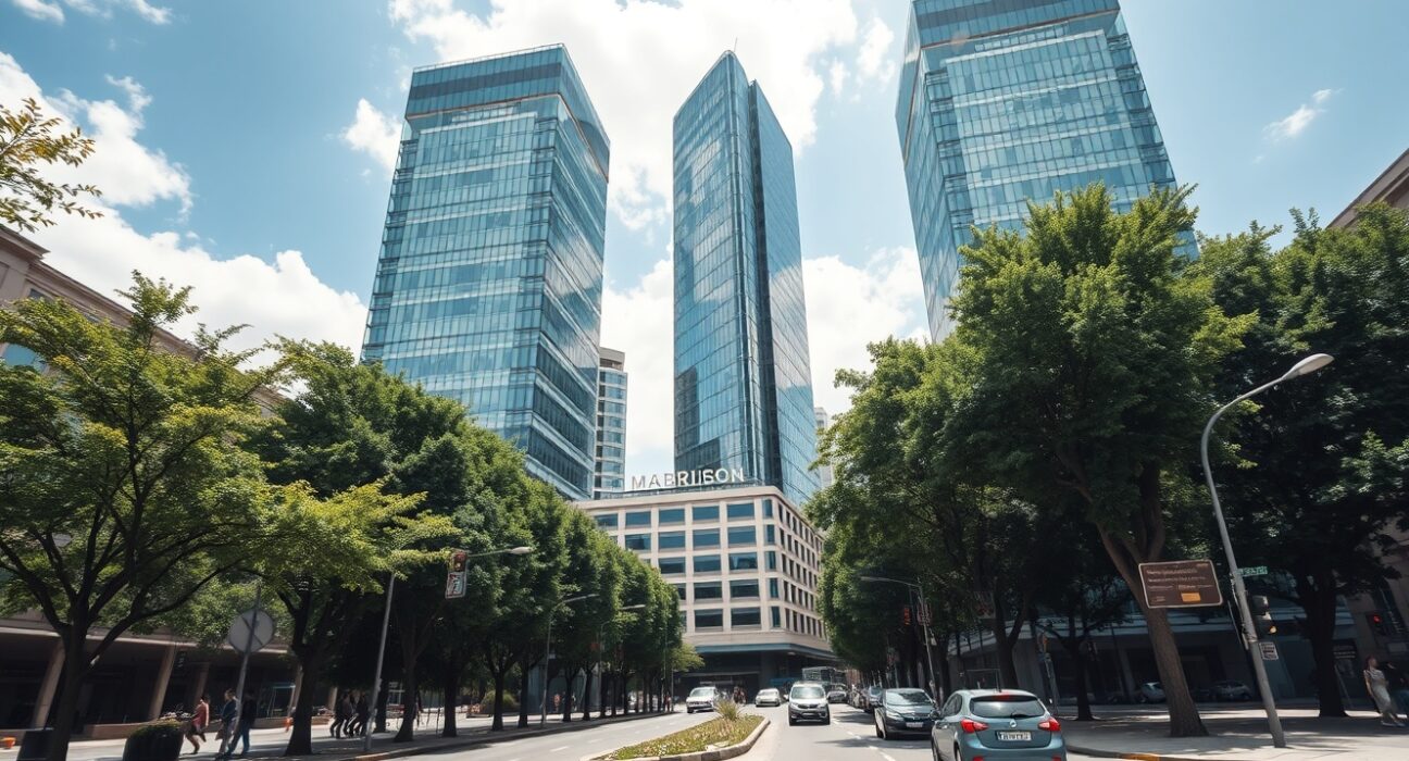 Modern skyscrapers in Madrid's financial district on a sunny day representing Spain's economic stability
