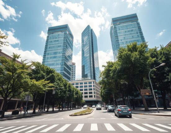 Modern skyscrapers in Madrid's financial district on a sunny day representing Spain's economic stability