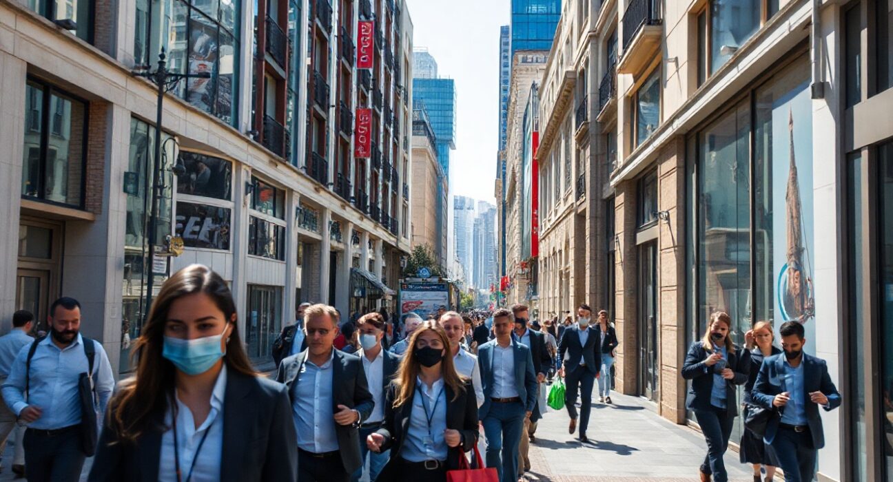 Busy commercial street in Madrid with professionals, symbolizing Spain's services sector growth