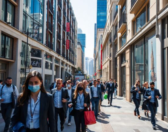 Busy commercial street in Madrid with professionals, symbolizing Spain's services sector growth