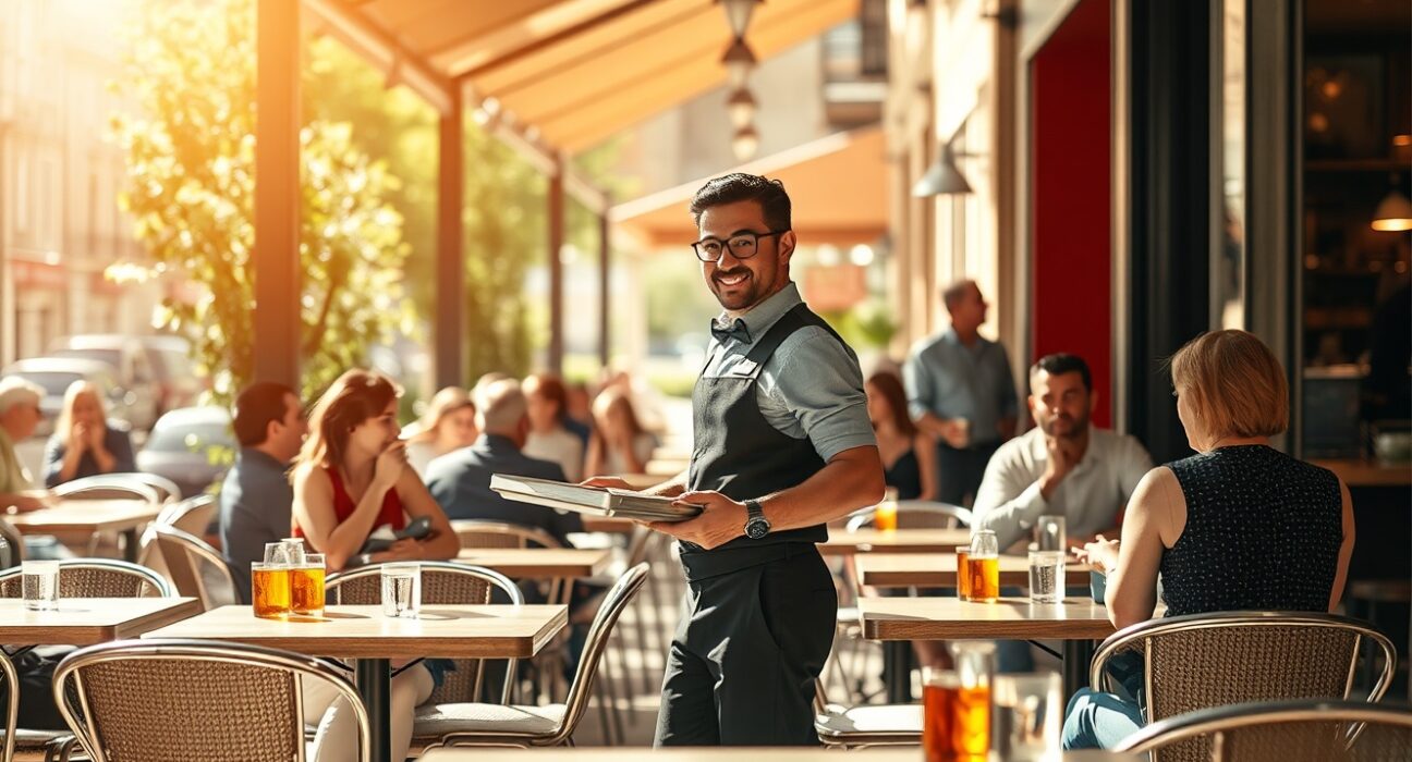 Waiters serving customers at a busy outdoor cafe in Madrid, symbolizing Spain's expanding service sector.