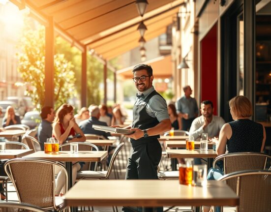 Waiters serving customers at a busy outdoor cafe in Madrid, symbolizing Spain's expanding service sector.
