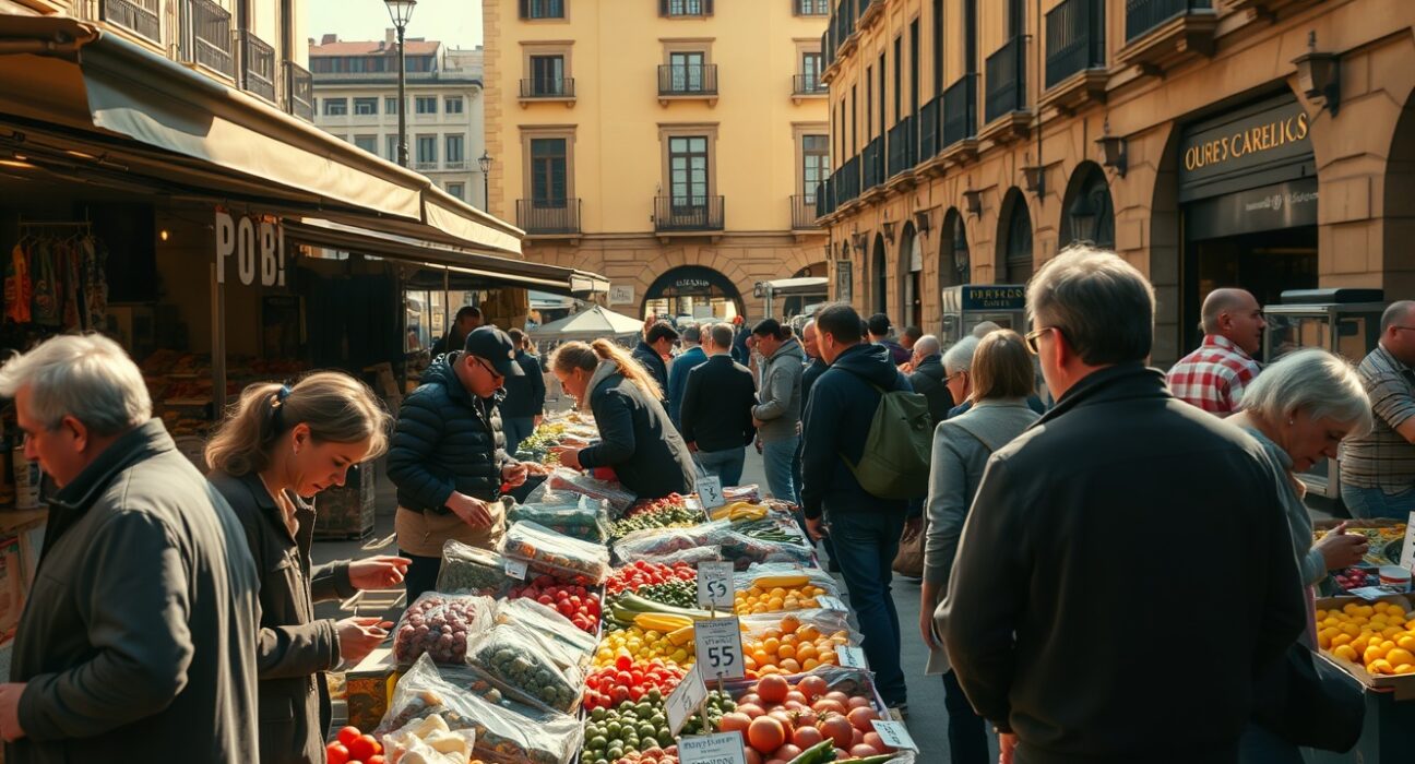 Shoppers at a market in Madrid as Spain's HICP inflation remains at 3.6% in June