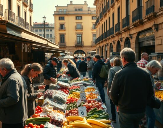Shoppers at a market in Madrid as Spain's HICP inflation remains at 3.6% in June