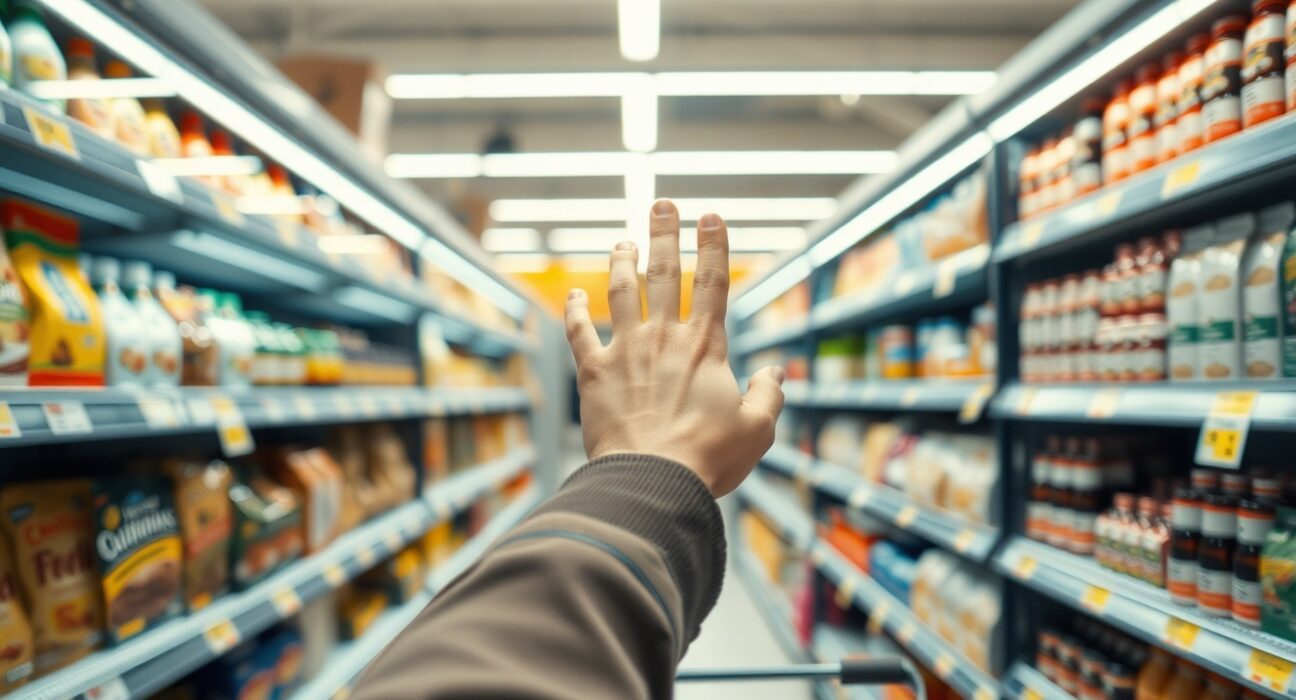 Shopper looking at price tags in a Madrid grocery store, representing Spanish inflation data for July.