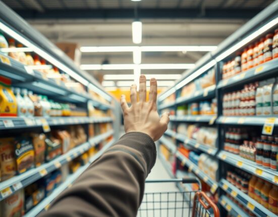 Shopper looking at price tags in a Madrid grocery store, representing Spanish inflation data for July.