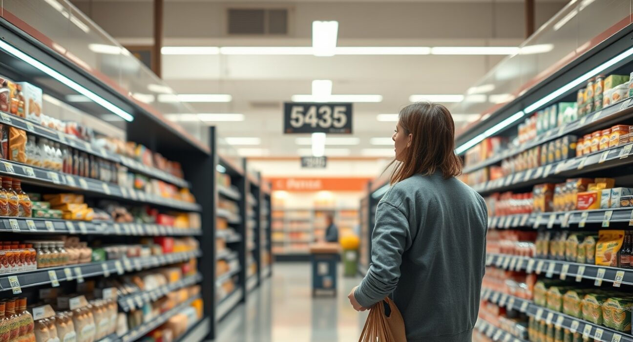Shopper in a Spanish supermarket looking at price tags, representing rising consumer inflation.