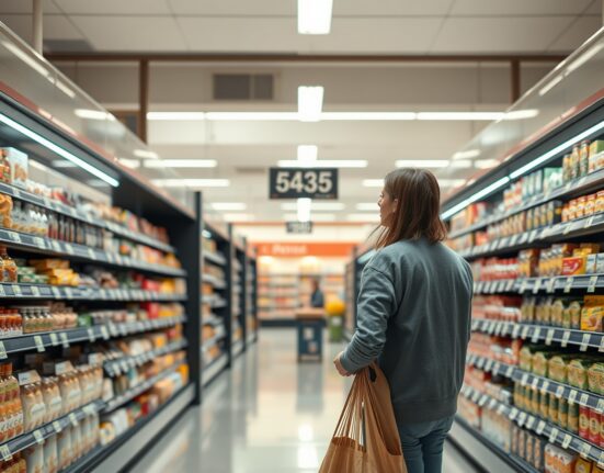 Shopper in a Spanish supermarket looking at price tags, representing rising consumer inflation.