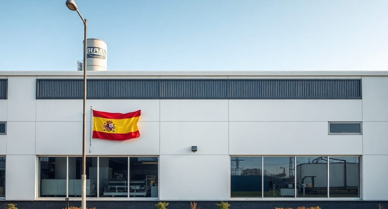 Industrial factory exterior in Spain with the Spanish flag on the building