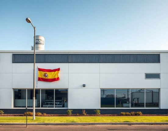 Industrial factory exterior in Spain with the Spanish flag on the building