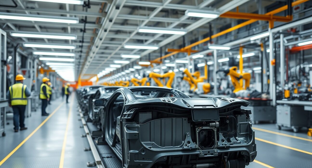 Modern industrial factory floor in Spain with assembly lines and workers