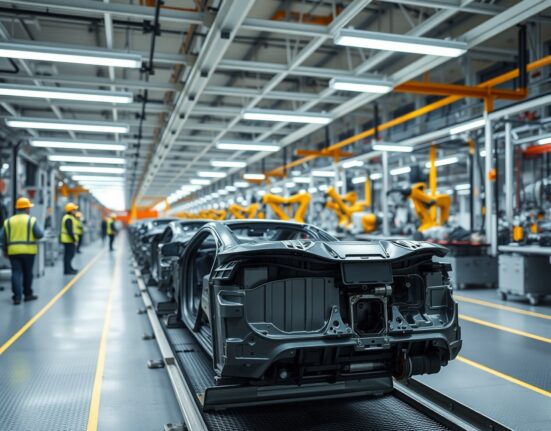 Modern industrial factory floor in Spain with assembly lines and workers