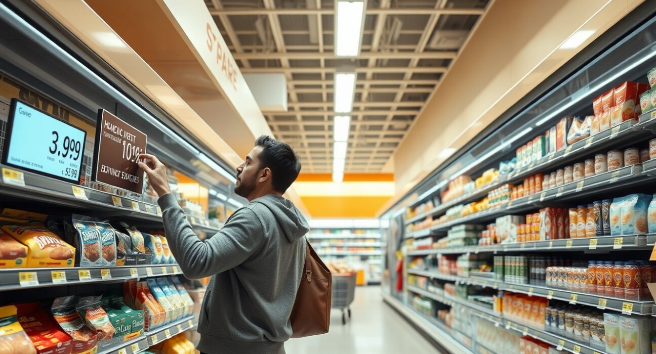 Shopper looking at a price display in a Spanish supermarket, reflecting July CPI data.