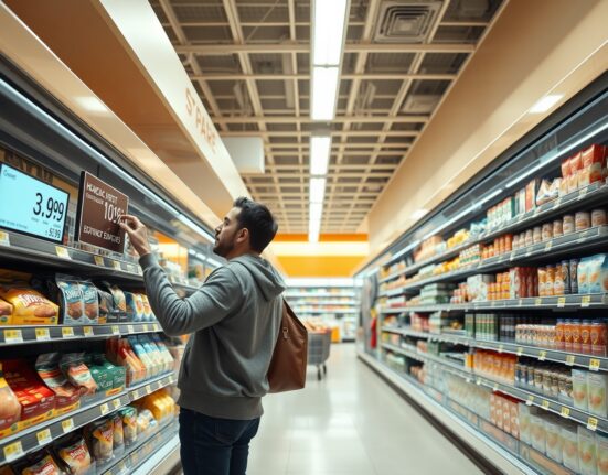 Shopper looking at a price display in a Spanish supermarket, reflecting July CPI data.