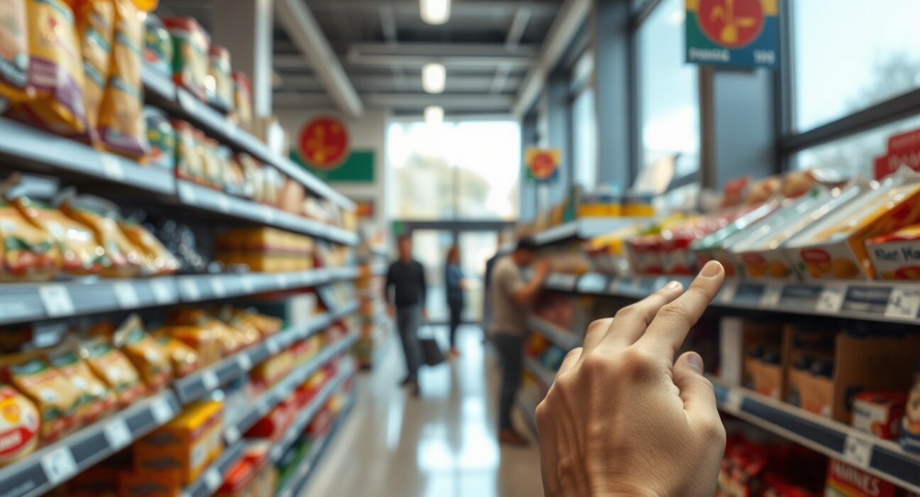 Shopper looking at a price tag in a Spanish supermarket, illustrating rising inflation.