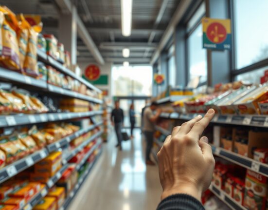 Shopper looking at a price tag in a Spanish supermarket, illustrating rising inflation.