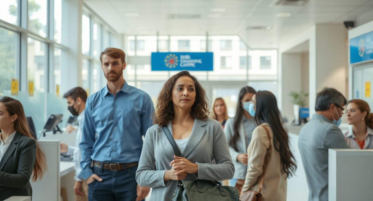 People inside a Spanish employment office, reflecting labor market activity